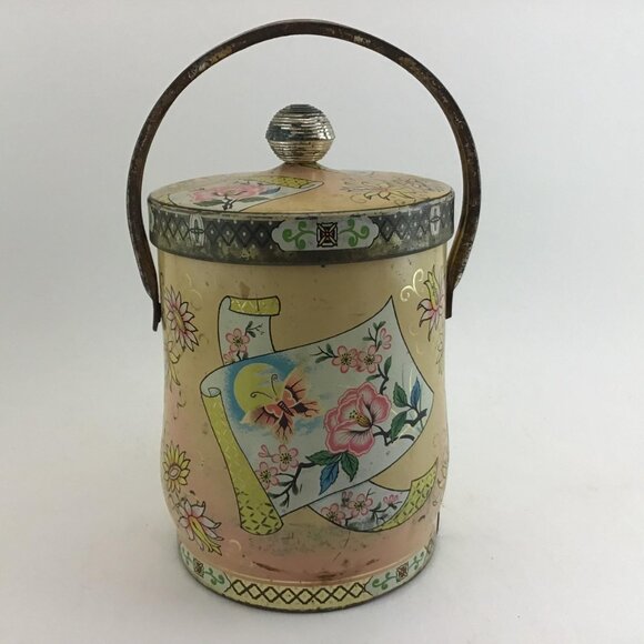 Floral Biscuit Tin With Handle Asian Style Tin Flowers and Butterflies Vintage - Picture 5 of 10